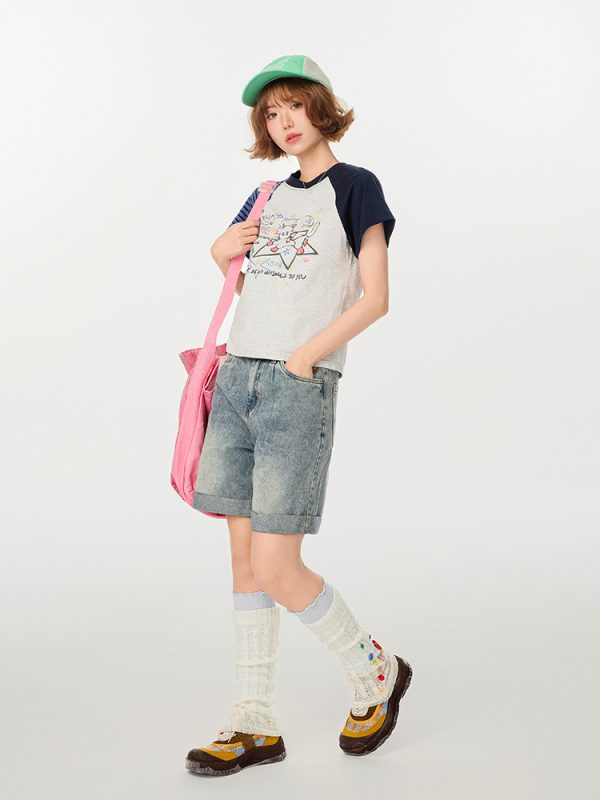 American Retro Color-Blocking Printed Raglan Short Sleeve T-Shirt for Women - Slim Fit Casual Summer Top