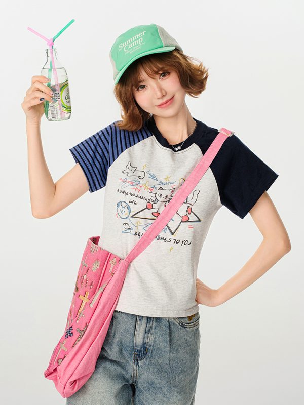 American Retro Color-Blocking Printed Raglan Short Sleeve T-Shirt for Women - Slim Fit Casual Summer Top