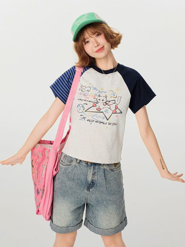 American Retro Color-Blocking Printed Raglan Short Sleeve T-Shirt for Women - Slim Fit Casual Summer Top