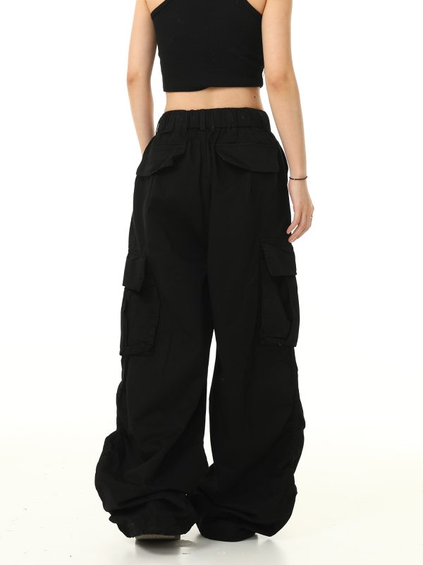 American Retro Cuffed Hip-Hop Cargo Pants for Men - Wide-Leg Floor-Length Streetwear Parachute Style Casual Trousers