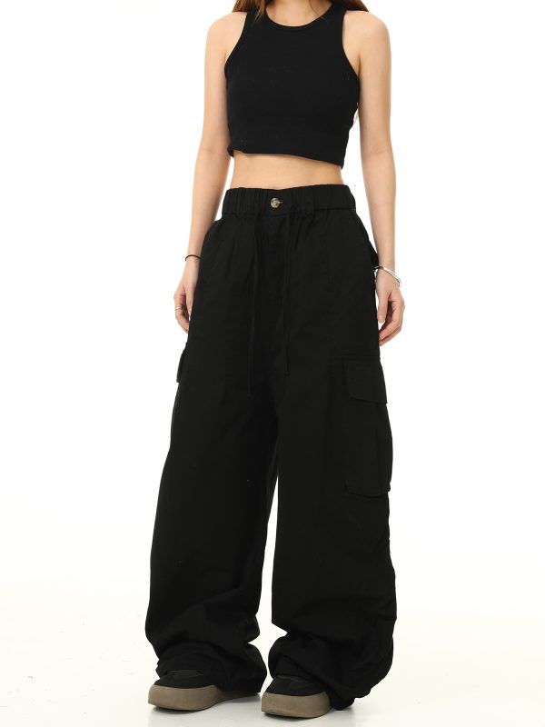 American Retro Cuffed Hip-Hop Cargo Pants for Men - Wide-Leg Floor-Length Streetwear Parachute Style Casual Trousers