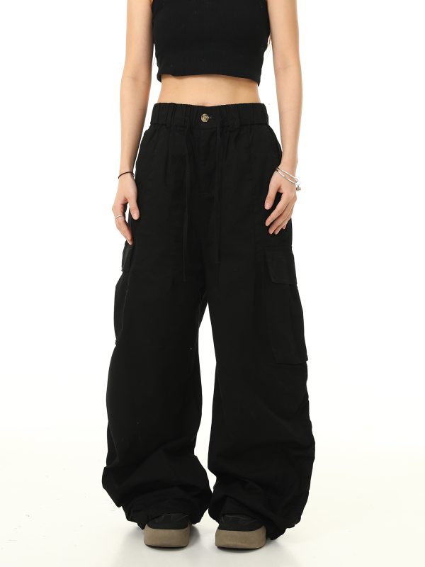 American Retro Cuffed Hip-Hop Cargo Pants for Men - Wide-Leg Floor-Length Streetwear Parachute Style Casual Trousers