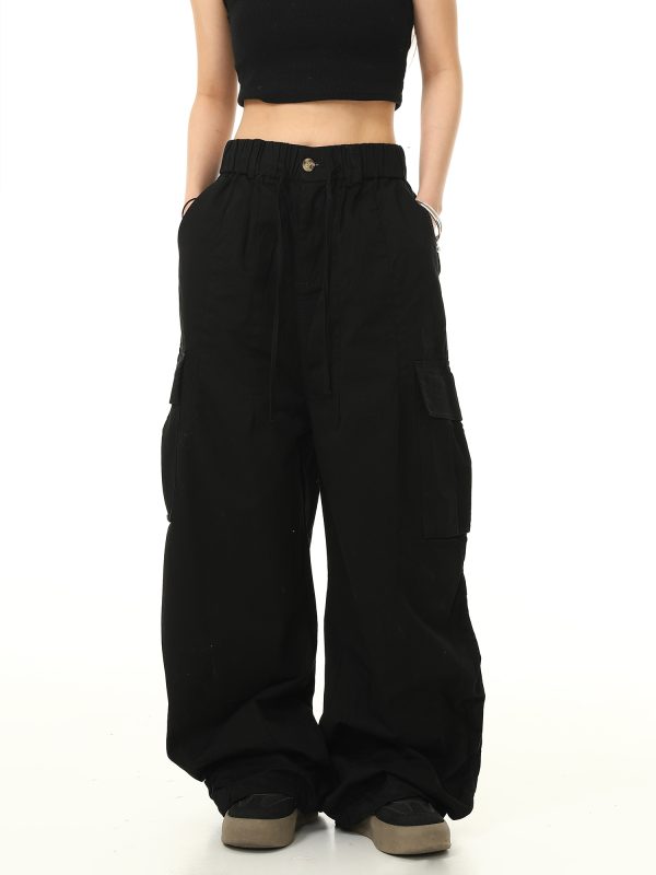 American Retro Cuffed Hip-Hop Cargo Pants for Men - Wide-Leg Floor-Length Streetwear Parachute Style Casual Trousers