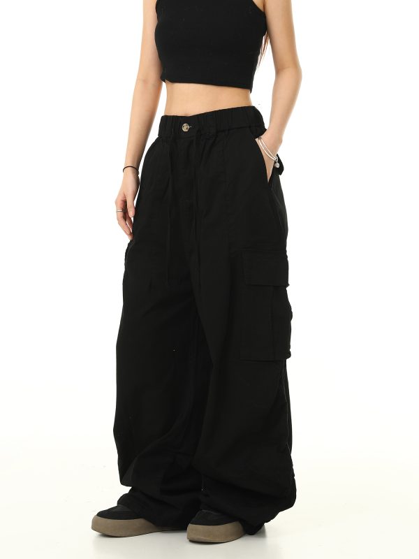 American Retro Cuffed Hip-Hop Cargo Pants for Men - Wide-Leg Floor-Length Streetwear Parachute Style Casual Trousers