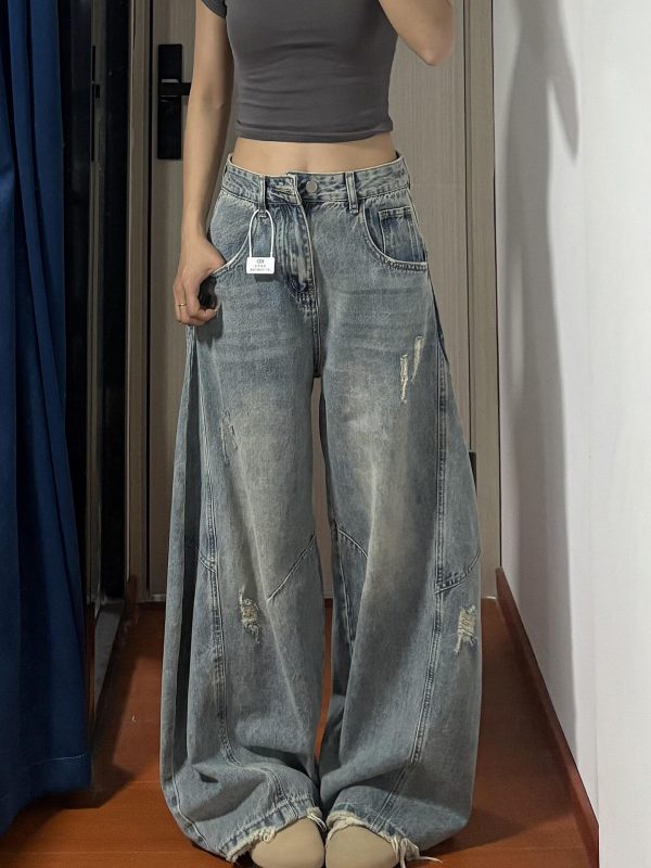 American Retro Curved Blade Wide-Leg Jeans for Men & Women, Loose Deconstructed Design, Washed Distressed Floor-Length Pants