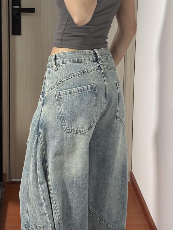American Retro Curved Blade Wide-Leg Jeans for Men & Women, Loose Deconstructed Design, Washed Distressed Floor-Length Pants