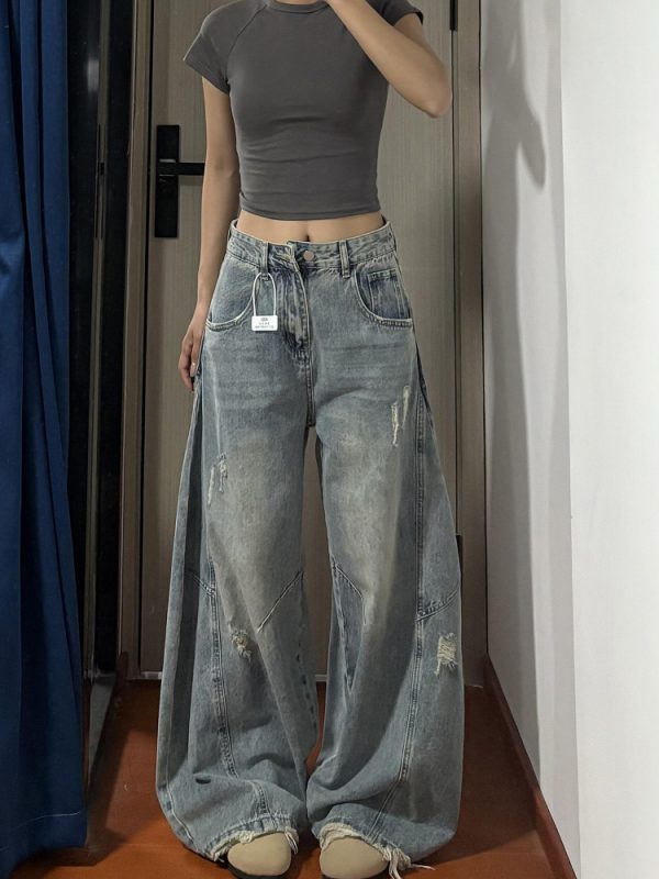 American Retro Curved Blade Wide-Leg Jeans for Men & Women, Loose Deconstructed Design, Washed Distressed Floor-Length Pants