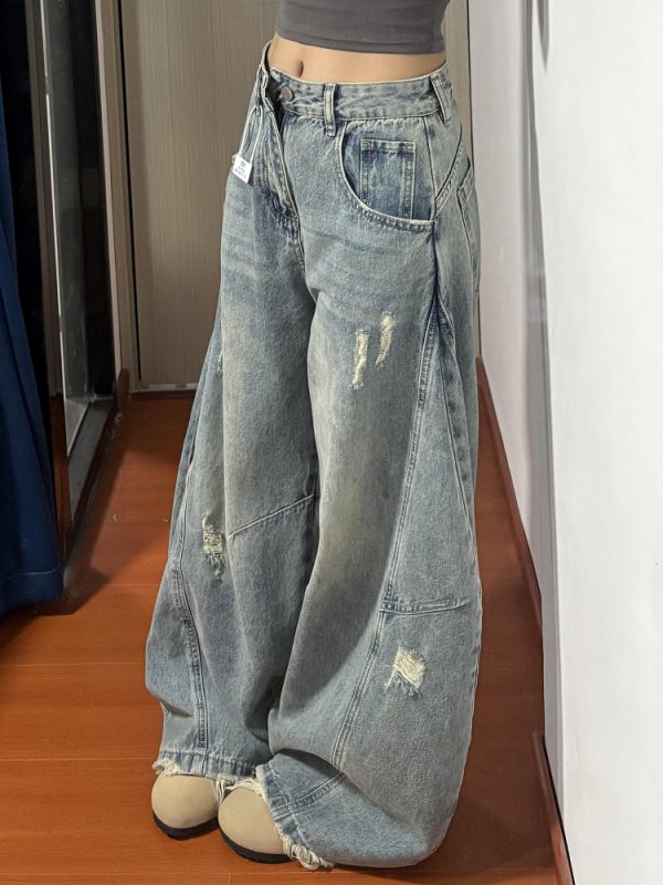 American Retro Curved Blade Wide-Leg Jeans for Men & Women, Loose Deconstructed Design, Washed Distressed Floor-Length Pants