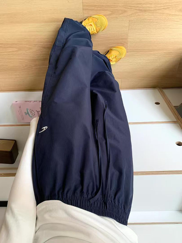 American Retro Dark Blue Wide-Leg Cargo Pants for Women - Casual Straight-Leg Sports Trousers with Drawstring, Floor-Length for Spring Autumn