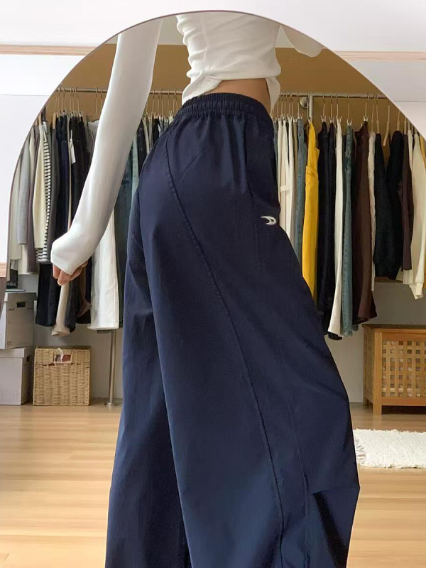 American Retro Dark Blue Wide-Leg Cargo Pants for Women - Casual Straight-Leg Sports Trousers with Drawstring, Floor-Length for Spring Autumn