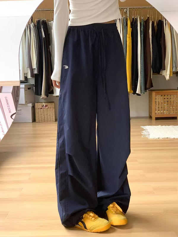 American Retro Dark Blue Wide-Leg Cargo Pants for Women - Casual Straight-Leg Sports Trousers with Drawstring, Floor-Length for Spring Autumn