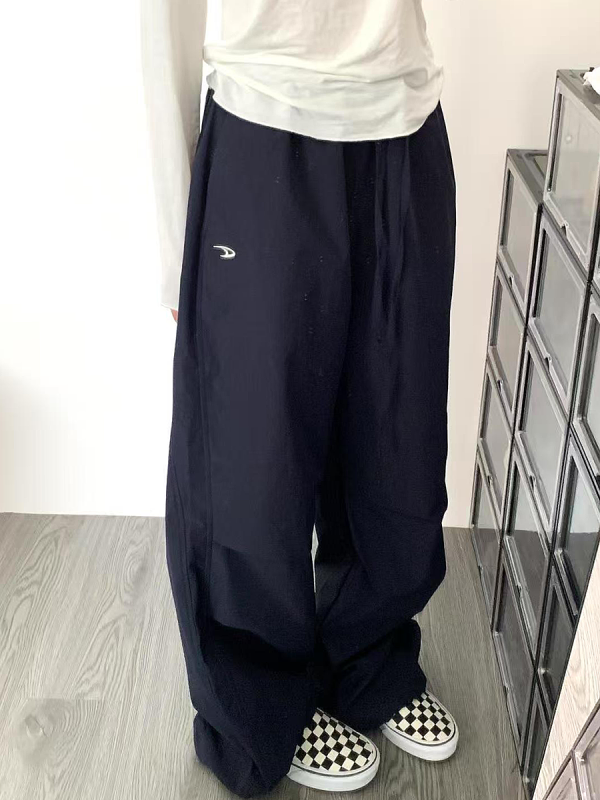 American Retro Dark Blue Wide-Leg Cargo Pants for Women - Casual Straight-Leg Sports Trousers with Drawstring, Floor-Length for Spring Autumn