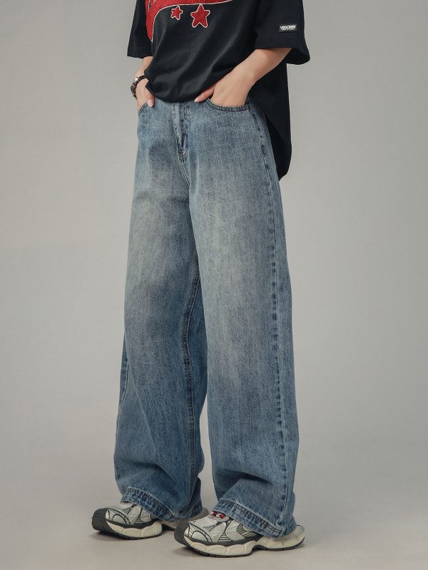 American Retro Drop-Crotch Jeans for Men and Women, Clean Fit Long Straight Casual Pants, Y2K Style, Unisex Fashion