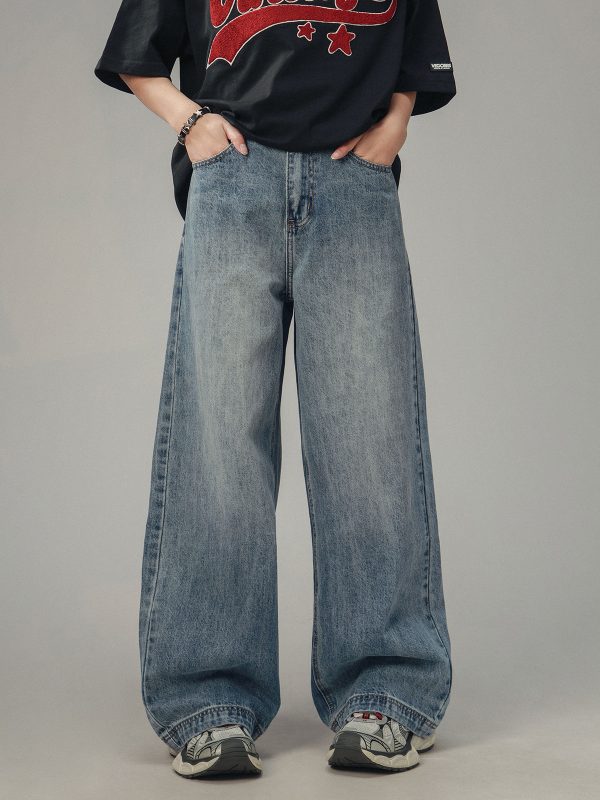 American Retro Drop-Crotch Jeans for Men and Women, Clean Fit Long Straight Casual Pants, Y2K Style, Unisex Fashion