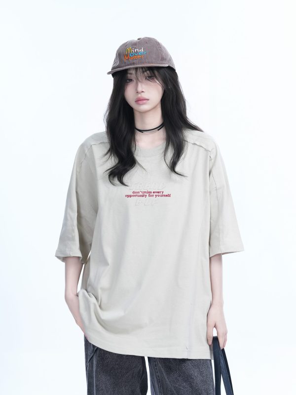 American Retro Embroidered Black Short-Sleeve T-Shirt for Women - Oversized Loose Fit, Trendy Summer Style