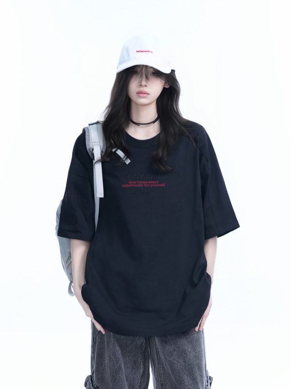 American Retro Embroidered Black Short-Sleeve T-Shirt for Women - Oversized Loose Fit, Trendy Summer Style