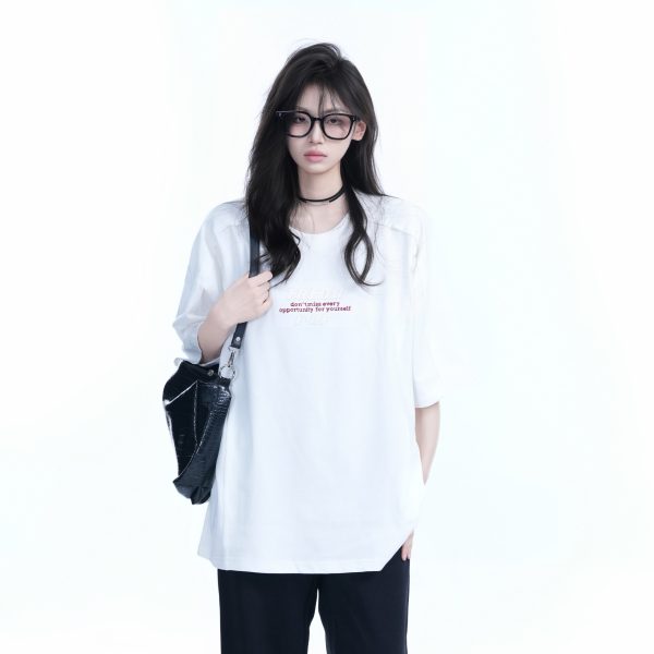 American Retro Embroidered Black Short-Sleeve T-Shirt for Women - Oversized Loose Fit, Trendy Summer Style