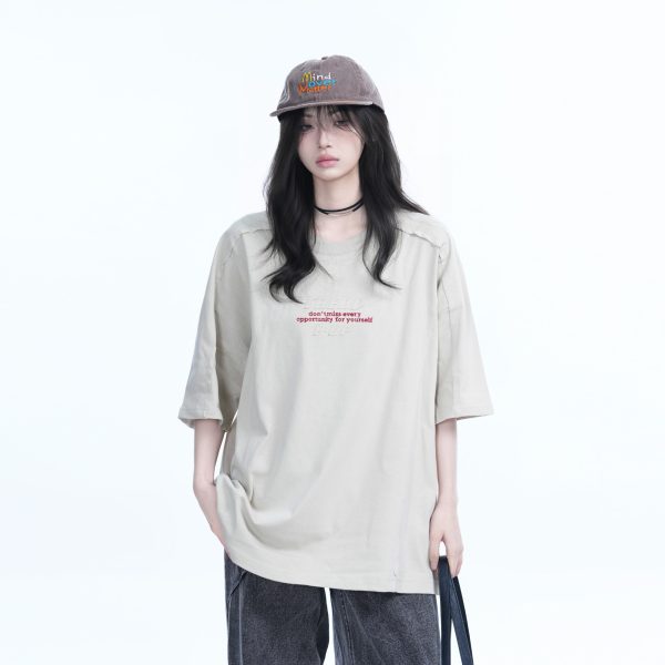 American Retro Embroidered Black Short-Sleeve T-Shirt for Women - Oversized Loose Fit, Trendy Summer Style