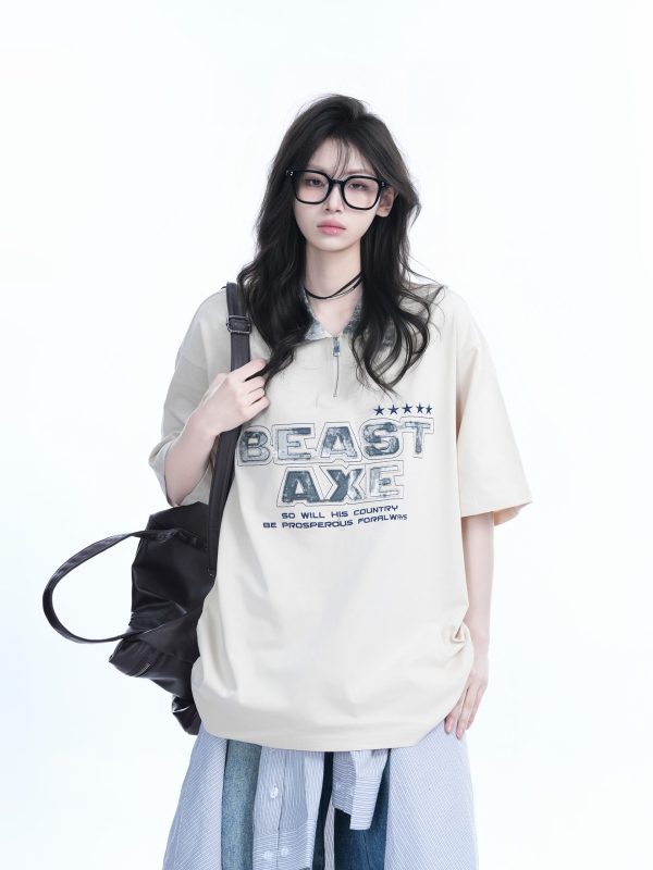 American Retro Embroidered Half-Zip Collar Oversized Short-Sleeve T-Shirt for Women - Casual Y2K Style Top
