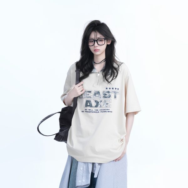 American Retro Embroidered Half-Zip Collar Oversized Short-Sleeve T-Shirt for Women - Casual Y2K Style Top