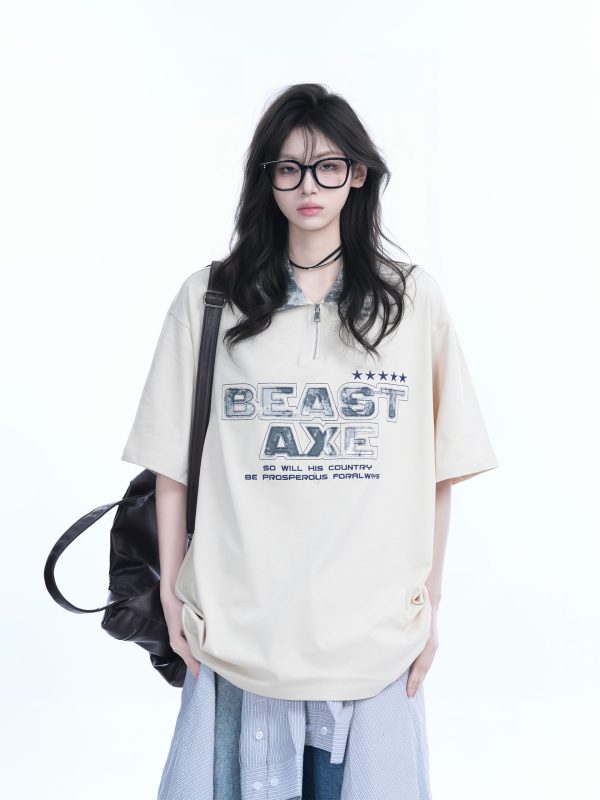 American Retro Embroidered Half-Zip Collar Oversized Short-Sleeve T-Shirt for Women - Casual Y2K Style Top