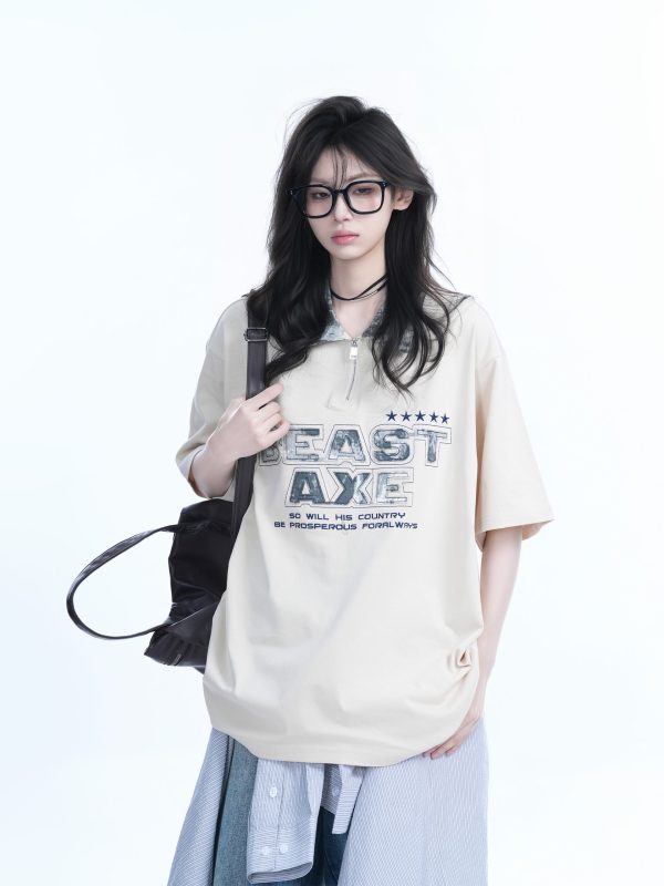 American Retro Embroidered Half-Zip Collar Oversized Short-Sleeve T-Shirt for Women - Casual Y2K Style Top
