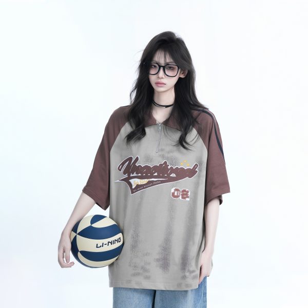 American Retro Embroidered Half-Zip Collar Short Sleeve T-Shirt for Women, Loose Fit, Trendy Vintage Style