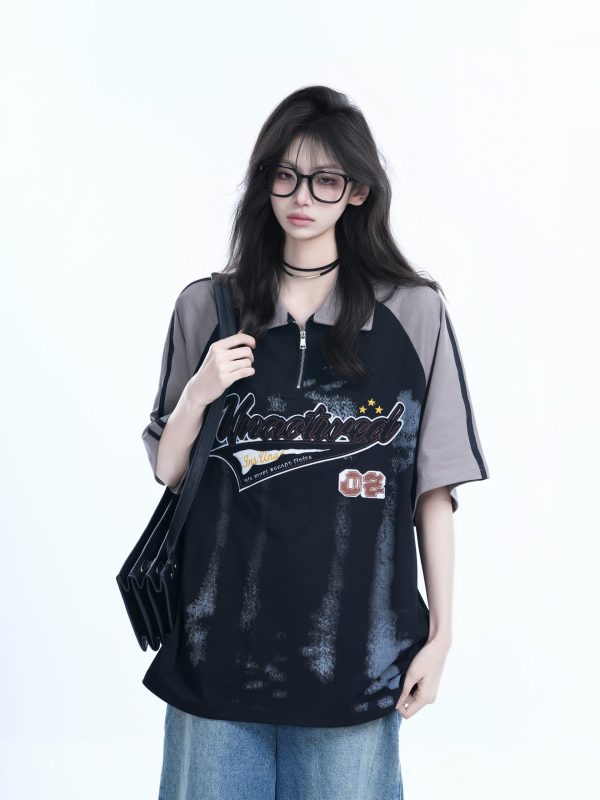 American Retro Embroidered Half-Zip Collar Short Sleeve T-Shirt for Women, Loose Fit, Trendy Vintage Style