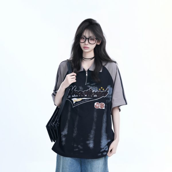 American Retro Embroidered Half-Zip Collar Short Sleeve T-Shirt for Women, Loose Fit, Trendy Vintage Style