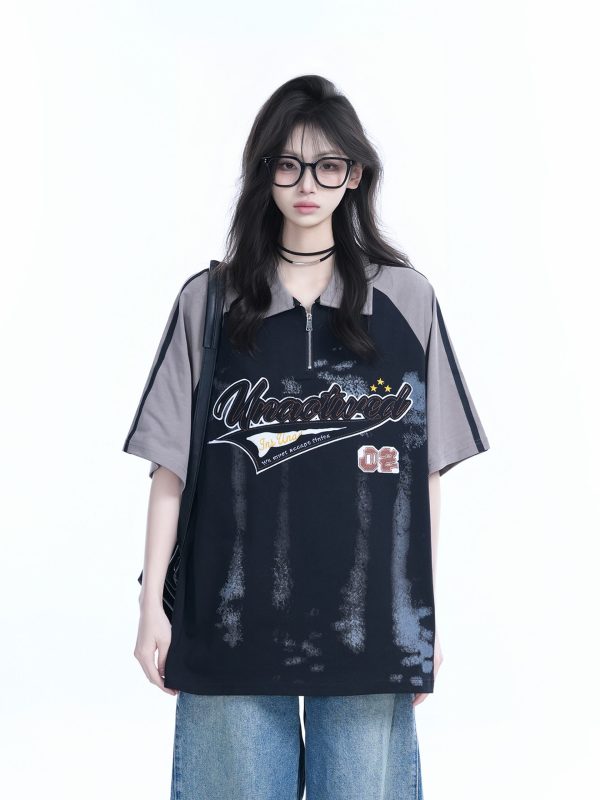 American Retro Embroidered Half-Zip Collar Short Sleeve T-Shirt for Women, Loose Fit, Trendy Vintage Style