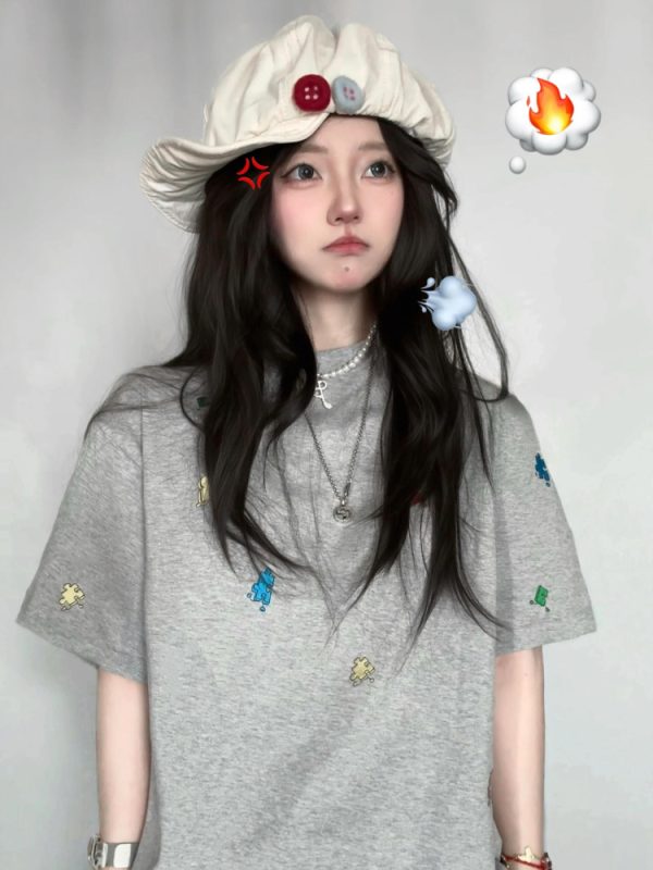 American Retro Embroidered Puzzle Graphic Short Sleeve T-Shirt for Women - Trendy Summer Couple Top, High-End Fashion