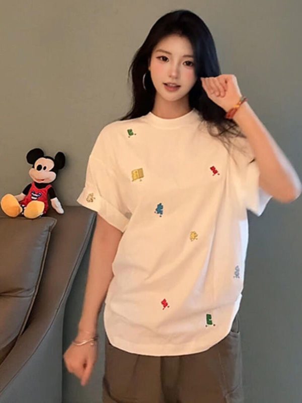 American Retro Embroidered Puzzle Graphic Short Sleeve T-Shirt for Women - Trendy Summer Couple Top, High-End Fashion