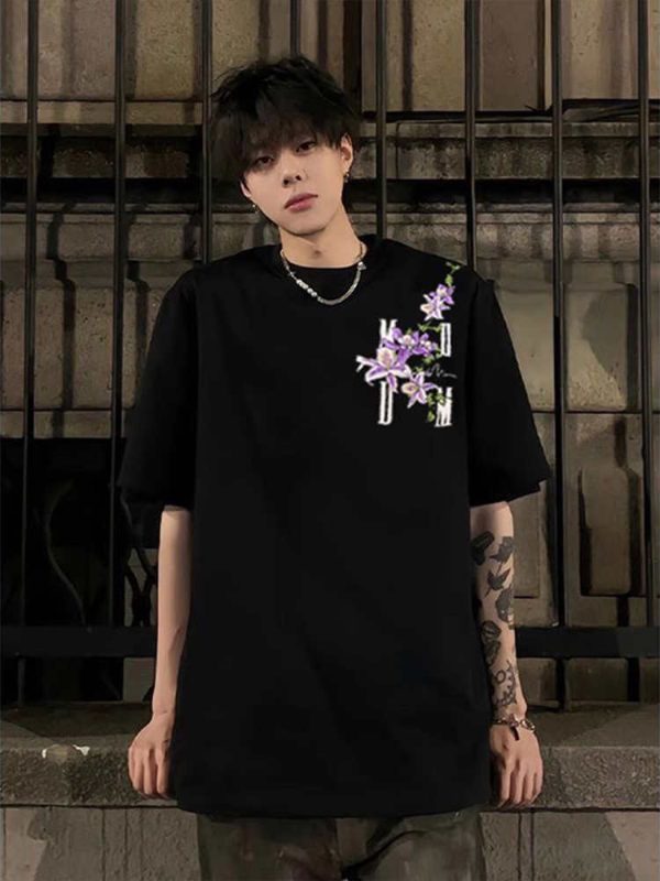 American Retro Embroidered Vine Floral Short Sleeve T-Shirt for Women - Trendy Oversized Summer 2025 High Street Style