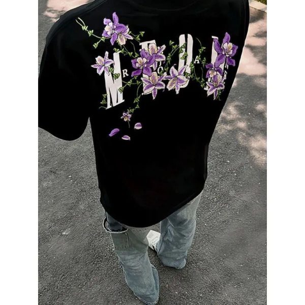 American Retro Embroidered Vine Floral Short Sleeve T-Shirt for Women - Trendy Oversized Summer 2025 High Street Style