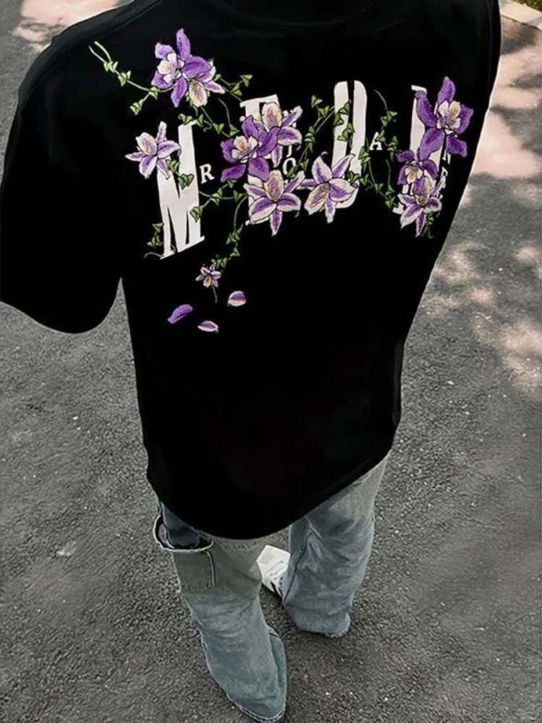 American Retro Embroidered Vine Floral Short Sleeve T-Shirt for Women - Trendy Oversized Summer 2025 High Street Style