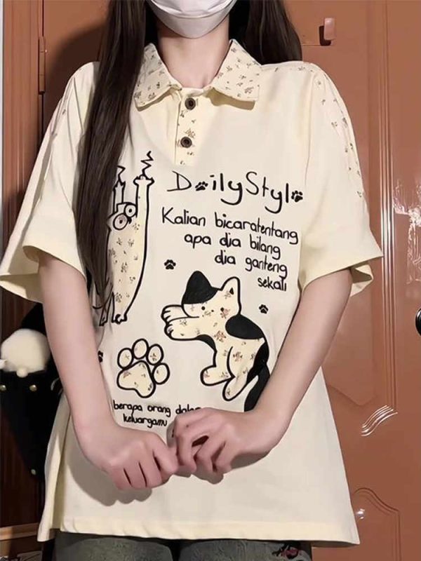 American Retro Floral Embroidered Cat Patchwork Polo Collar Short Sleeve T-Shirt for Women - Summer Y2K Style for Juniors