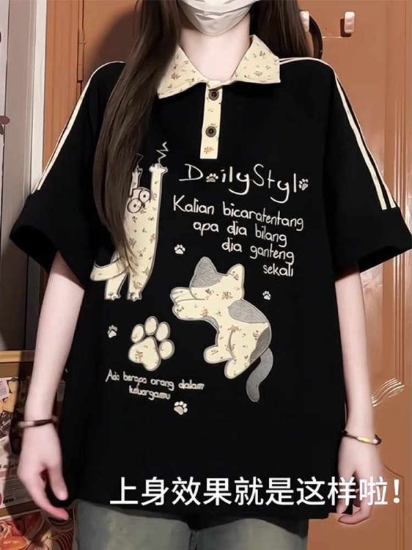 American Retro Floral Embroidered Cat Patchwork Polo Collar Short Sleeve T-Shirt for Women - Summer Y2K Style for Juniors