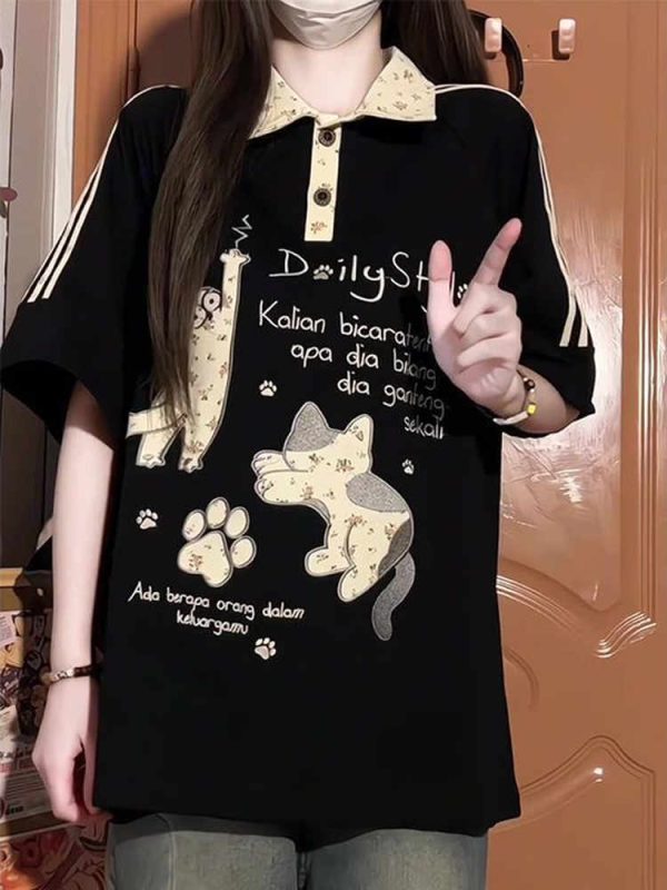 American Retro Floral Embroidered Cat Patchwork Polo Collar Short Sleeve T-Shirt for Women - Summer Y2K Style for Juniors