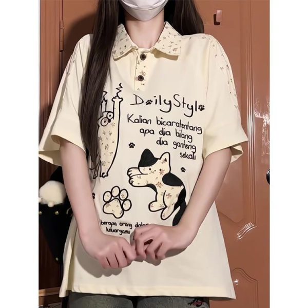 American Retro Floral Embroidered Cat Patchwork Polo Collar Short Sleeve T-Shirt for Women - Summer Y2K Style for Juniors