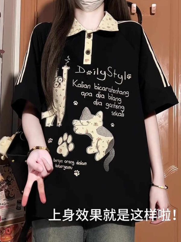 American Retro Floral Embroidered Cat Patchwork Polo Collar Short Sleeve T-Shirt for Women - Summer Y2K Style for Juniors
