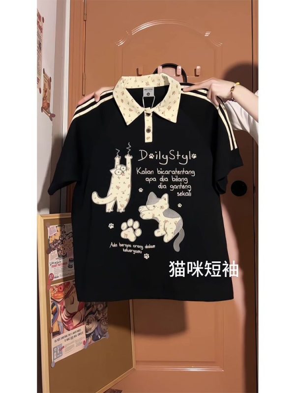 American Retro Floral Embroidered Cat Patchwork Polo Collar Short Sleeve T-Shirt for Women - Summer Y2K Style for Juniors