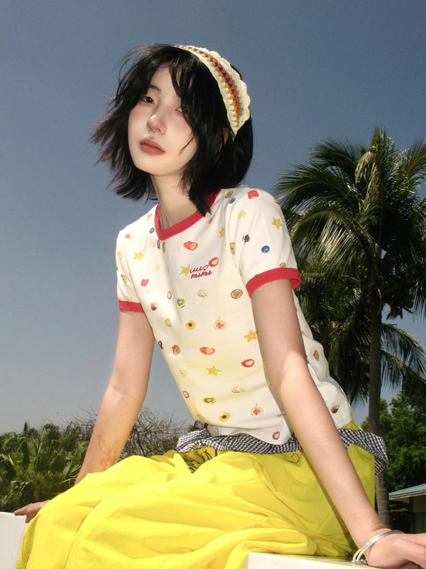 American Retro Fruit Print Color-Block Short Sleeve T-Shirt for Women - Slim Fit Round Neck College Style Summer Top