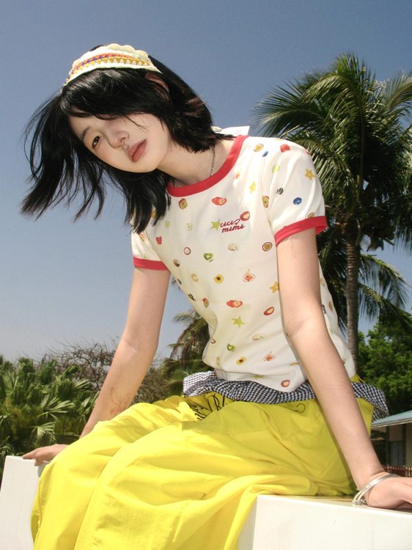 American Retro Fruit Print Color-Block Short Sleeve T-Shirt for Women - Slim Fit Round Neck College Style Summer Top