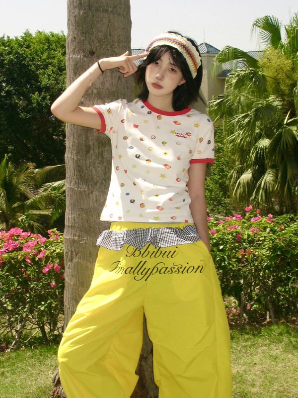 American Retro Fruit Print Color-Block Short Sleeve T-Shirt for Women - Slim Fit Round Neck College Style Summer Top