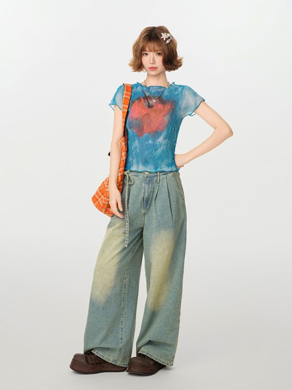 American Retro Gradient Print Short Sleeve T-Shirt for Women - Spicy Girl Waist-Cinching Slim Fit Summer Top