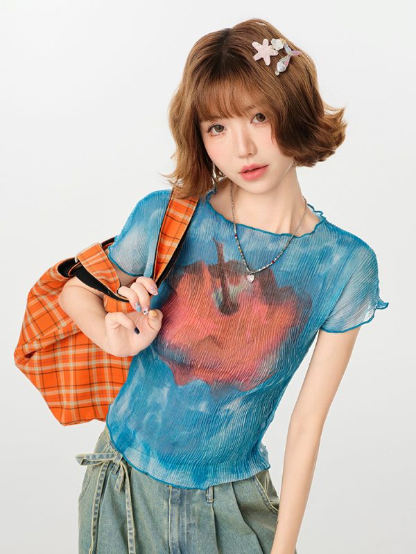 American Retro Gradient Print Short Sleeve T-Shirt for Women - Spicy Girl Waist-Cinching Slim Fit Summer Top