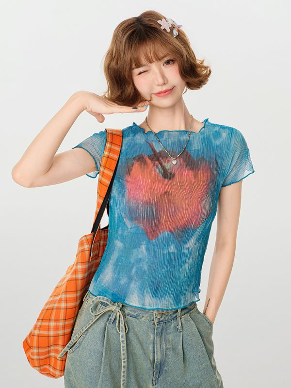 American Retro Gradient Print Short Sleeve T-Shirt for Women - Spicy Girl Waist-Cinching Slim Fit Summer Top