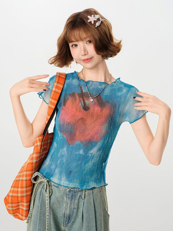 American Retro Gradient Print Short Sleeve T-Shirt for Women - Spicy Girl Waist-Cinching Slim Fit Summer Top