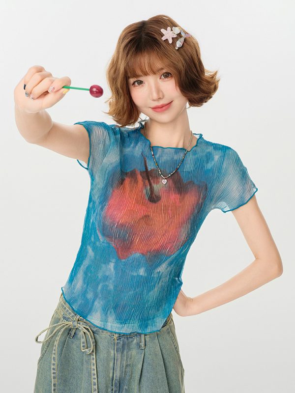 American Retro Gradient Print Short Sleeve T-Shirt for Women - Spicy Girl Waist-Cinching Slim Fit Summer Top