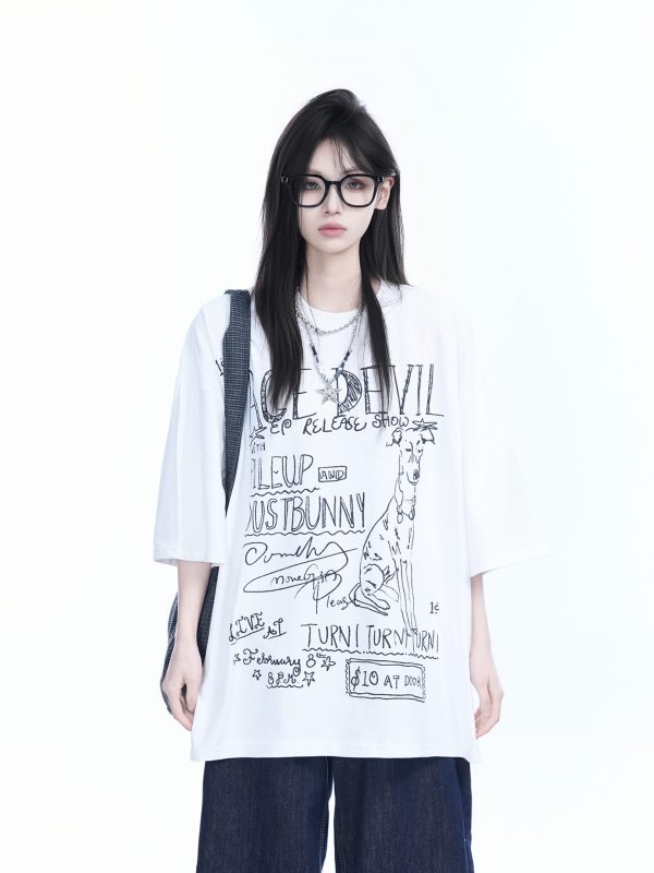 American Retro Graffiti Oversized Short Sleeve T-Shirt for Women - Sit and Eat Until the Mountains Are Empty Trendy Casual Style
